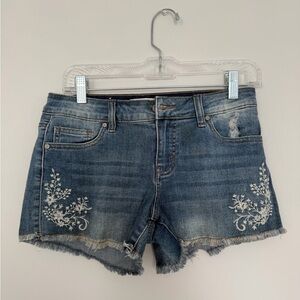 Altar'd State Blue Jean Shorts with White Embroidery